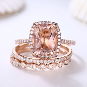 3pcs Morganite Ring Set,Rose Gold,10x8mm Cushion Cut Morganite Engagement Ring,Half Eternity Diamond Band,Morganite Bridal Set,Diamond Halo