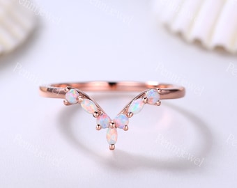 Curved V White Opal Wedding Band,14K Solid Rose Gold,Opal Matching Band,Anniversary Valentine's Gift,October's Birthstone,Wedding Ring