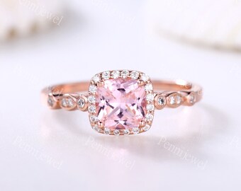 Cushion Cut Pink Morganite Engagement Ring,Art Deco Morganite Ring, Diamond Halo Ring,14k Rose Gold Ring,Vintage Anniversary Ring For Women