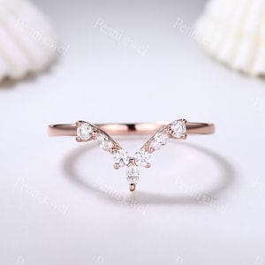 Curved V Diamond wedding band Marquise moissanite engagement ring solid 14k gold half eternity ring stacking matching band Bridal ring gift