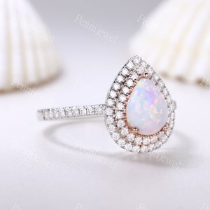 Two Tones White Fire Opal Engagement Ring Eternity Diamond Halo Ring Pear Cut Opal Wedding Band Teardrop Ring October Birthstone Bridal Gift