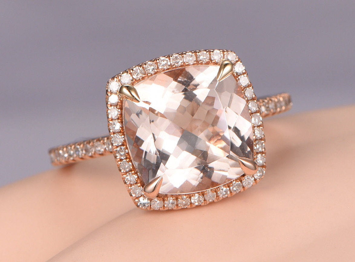 Cushion Cut Morganite Engagement Ring Rose Gold Diamond Band | Etsy