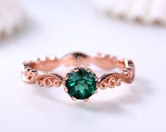 5mm Round Cut Emerald Engagement Ring,Milgrain Wedding Band,14k Solid Rose Gold,Birthday Gift May Birthstone,Vintage Emerald Promise Ring