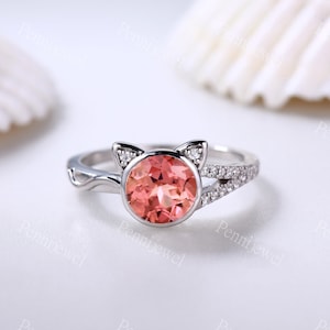 7mm Round Cut Padparadscha Sapphire Ring,14k Rose Gold,Anniversary Ring,Spilt Diamond Band,Lovely Cat,Birthday Gift,Sapphire Diamond Ring