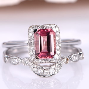 Tourmaline Engagement Ring Set Women Diamond Wedding Band 1.17ct Emerald Cut Pink Tourmaline Curved Stacking Bridal Anniversary Jewelry