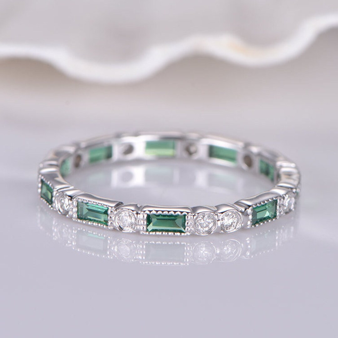 Emerald Diamond Wedding Band 14k White Gold Milgrain Full Eternity Ring ...