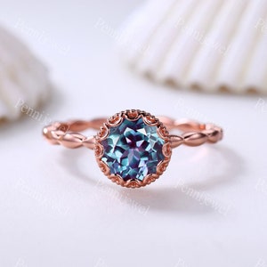 Unique Alexandrite Engagement Ring Plain Gold Band Rose Gold Plated June Birthstone Ring Alexandrite Jewelry Women Anniversary Bridal Ring