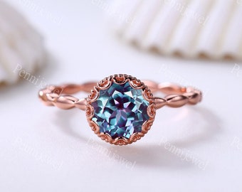 Unique Alexandrite Engagement Ring Plain Gold Band Rose Gold Plated June Birthstone Ring Alexandrite Jewelry Women Anniversary Bridal Ring