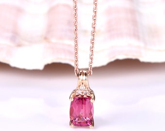 Pink Tourmaline Necklace 18k Rose Gold Diamond Pendant 5x7mm Cushion Cut Natural Gemstone Anniversary Gift October Birthstone