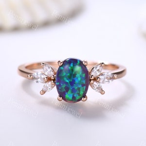 Art Deco Black Opal Engagement Ring,Marquise Shaped Moissanite Accent Stone,Plain Gold Band,14k/18k Solid Rose Gold,Anniversary Gift For Her