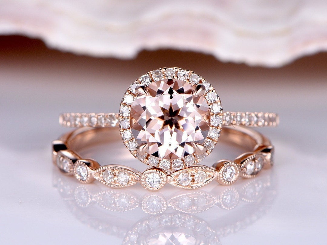 Wedding Ring Set Morganite Engagement Ring Rose Gold Art Deco - Etsy