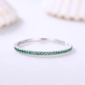 Emerald wedding band solid 14k white gold half eternity ring engagement ring stacking matching band anniversary/promise ring 1.2mm thin Pave