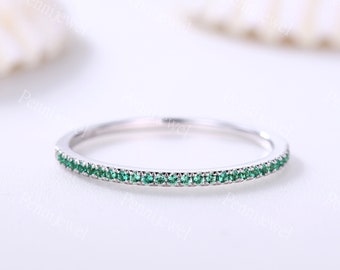Emerald wedding band solid 14k white gold half eternity ring engagement ring stacking matching band anniversary/promise ring 1.2mm thin Pave