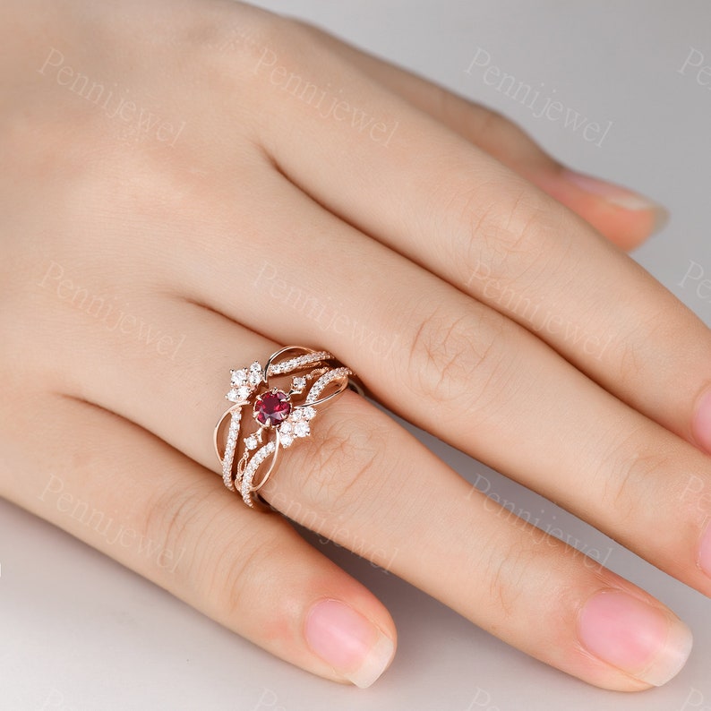 Ruby Engagement Ring Set,diamond Enhancer Band,vintage Ruby Rings for ...