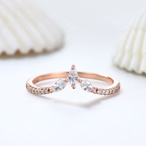 Moissanite Curved Wedding Band Rose Gold Engagement Ring Stacking Matching Band Marquise Shaped Moissanite Ring Leaf Branch Shaped Band Ring