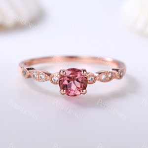 Dainty Round Padparadscha Sapphire Engagement Ring,Rose Gold Art Deco Diamond Wedding Band,Anniversary Ring For Women Sapphire Bridal Ring