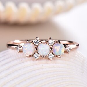 Three Stone Opal Engagement Ring Rose Gold Moissanite Promise Bridal Ring For Women Unique Birthstone Wedding Jewelry Valentine