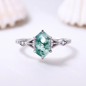 Vintage Long Hexagon Cut Moss Agate Ring Diamond White Gold Band Natural Green Moss Agate Jewelry Art Deco Promise Engagement Ring For Women