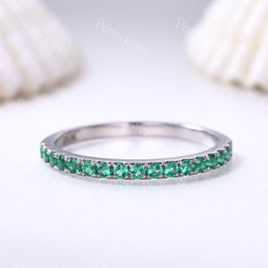 Emerald Eternity Wedding Band,May Birthstone Ring,Pave Matching Band,Green Emerald Stack Ring,White Gold Anniversary Gift,Minimalist Jewelry