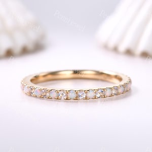 Full Eternity Opal Månsten Vigselring Guld Stapelring Oktober Juni Födelsesten Ring Pave Matchande Ring Dam Jubileumslöfte Gåva