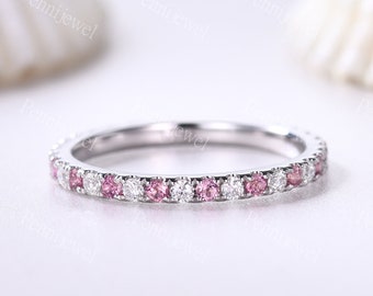 Pink Tourmaline Moissanite Wedding Ring Eternity Pave Ring October Birthstone Matching Band Pink Stone Stacking Band Birthday Gift For Women