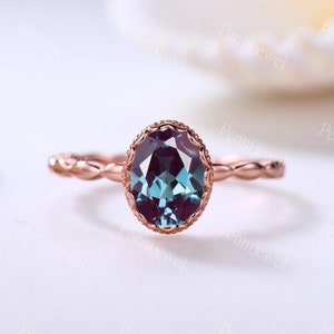 Alexandrite Engagement Ring,Rose Gold Ring,Alexandrite Solitaire Ring,Plain Gold Band,June Promise Wedding Ring,Anniversary Gift For Women