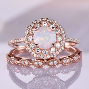 Vintage opal engagement ring set,Double halo ring,Unique opal ring set,Diamond stacking ring,Floral ring,Promise ring for women,Rose gold