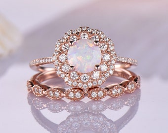 Vintage opal engagement ring set,Double halo ring,Unique opal ring set,Diamond stacking ring,Floral ring,Promise ring for women,Rose gold