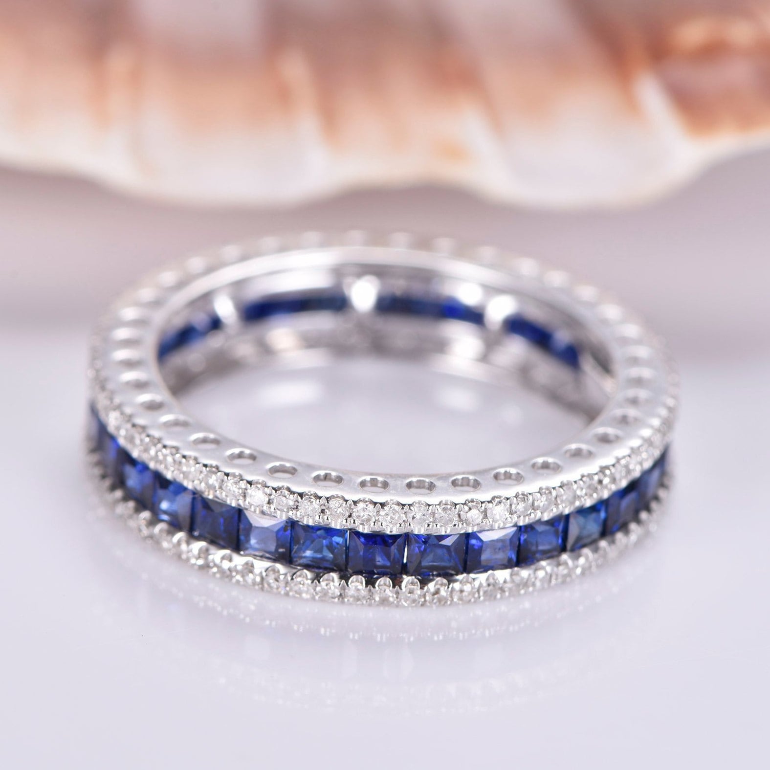 Sapphire Diamond Wedding Band 14k White Gold Full Eternity - Etsy