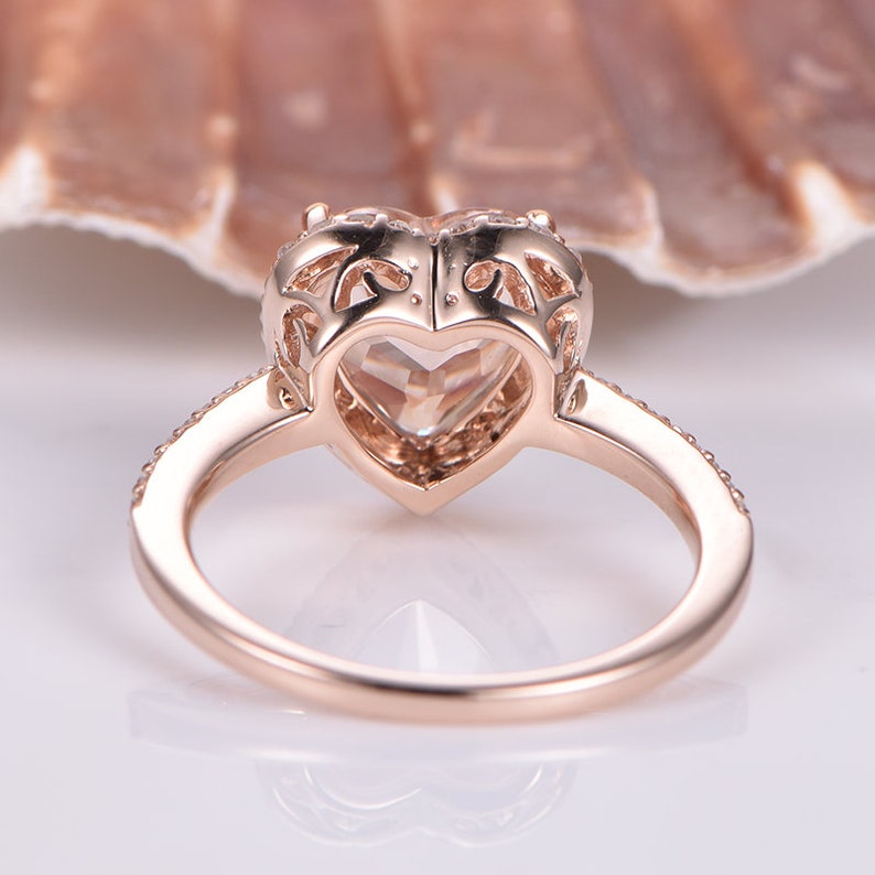 Heart Shaped Morganite Engagement Ring Rose Gold Half Eternity Diamond Band Natural Gemstone Halo Anniversary Ring Gift For Women image 4