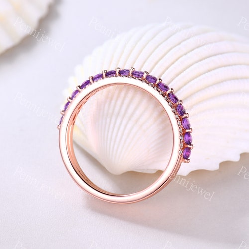 Art Deco Amethyst Diamond Wedding Band,2mm Round Amethyst Ring,Rose Gold,Half Eternity Amethyst Diamond Stacking Ring,February’s shops Birthstone