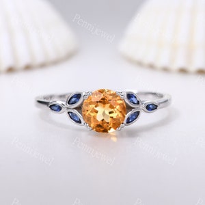7mm Round Cut Citrine Engagement Ring,Marquise Shaped Sapphire Ring,14k White Gold,Anniversary Gift, Citrine Promise Ring Gift For Her