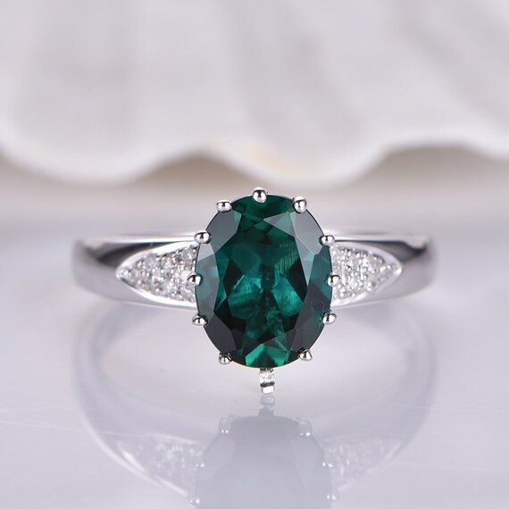 14k White Gold Emerald Engagement Ring Diamond Wedding Band | Etsy