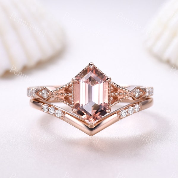 Vintage Long Hexagon Morganite Ring Set Diamond Rose Gold Band Peach Morganite Jewelry Set Art Deco Promise Engagement Ring For Women Gift
