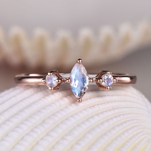 Minimalist moonstone engagement ring,Three stone rings,Marquise shaped gems,Dainty moonstone ring,Anniversary promise rings,Art deco jewelry