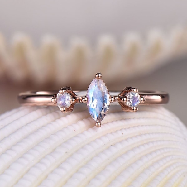 Minimalist moonstone engagement ring,Three stone rings,Marquise shaped gems,Dainty moonstone ring,Anniversary promise rings,Art deco jewelry