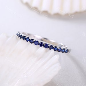 1.5mm Sapphire Wedding Band,Half Eternity,White Gold Sapphire Matchig Stacking Band,Thin Band,Anniversary Gift For Her,September Birthstone
