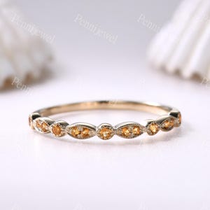 Solid Gold Citrine Wedding Band,Half Eternity Yellow Citrine Ring,Milgrain Matching Stacking Ring,November’s Birthstone,Promise Gift For Her