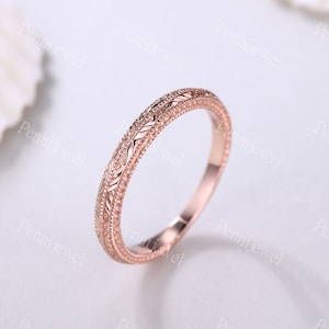 Carving Rose Gold Wedding Band,Stacking Matching Band,Filigree Eternity Ring,14K Solid Rose Gold,Promise Ring,Anniversary Gift For Her