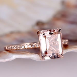 Morganite Engagement Ring Rose Gold Diamond Wedding Band 7x9mm Emerald Cut Pink Morganite Ring Bridal Promise Ring 14K Gemstone Anniversary