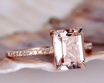 Morganite Engagement Ring Rose Gold Diamond Wedding Band 7x9mm Emerald Cut Pink Morganite Ring Bridal Promise Ring 14K Gemstone Anniversary