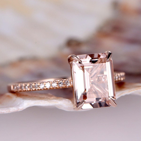 Morganite Engagement Ring Rose Gold Diamond Wedding Band 7x9mm Emerald Cut Pink Morganite Ring Bridal Promise Ring 14K Gemstone Anniversary