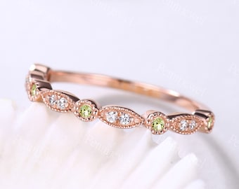 Art Deco Peridot Diamond Wedding Band,Half Eternity Peridot Stacking Ring,14k Rose Gold August Birthstone Ring,Unique Women Anniversary Ring