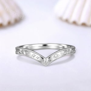 V-Shaped Hand-Engraved Milgrain White Gold Band, Chevron Wedding Band, Celestial Sun Moon Star Ring, Curved Stackable Bridal Ring