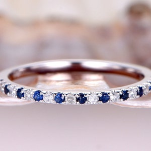 Natural sapphire diamond wedding band 14k white gold half eternity ring engagement ring stacking matching band anniversary ring thin Pave