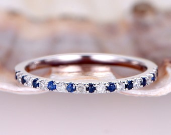 Natural sapphire diamond wedding band 14k white gold half eternity ring engagement ring stacking matching band anniversary ring thin Pave