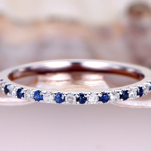 Natürlicher Saphir Diamant Ehering 14k weiß gold halb Ewigkeit Ring Verlobungsring stapeln passende Band Jubiläumsring dünn Pave