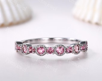 Vintage Pink Tourmaline Wedding Band October Birthstone Pink Gemstone Wedding Ring Silver Matching Band Stackable Ring Promise Bridal Gift