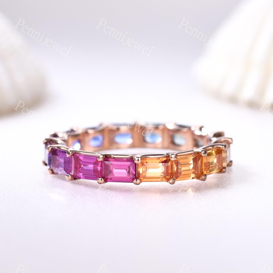 Natural Rainbow Sapphire Wedding Ring,baguette Cut Sapphire Ring ...