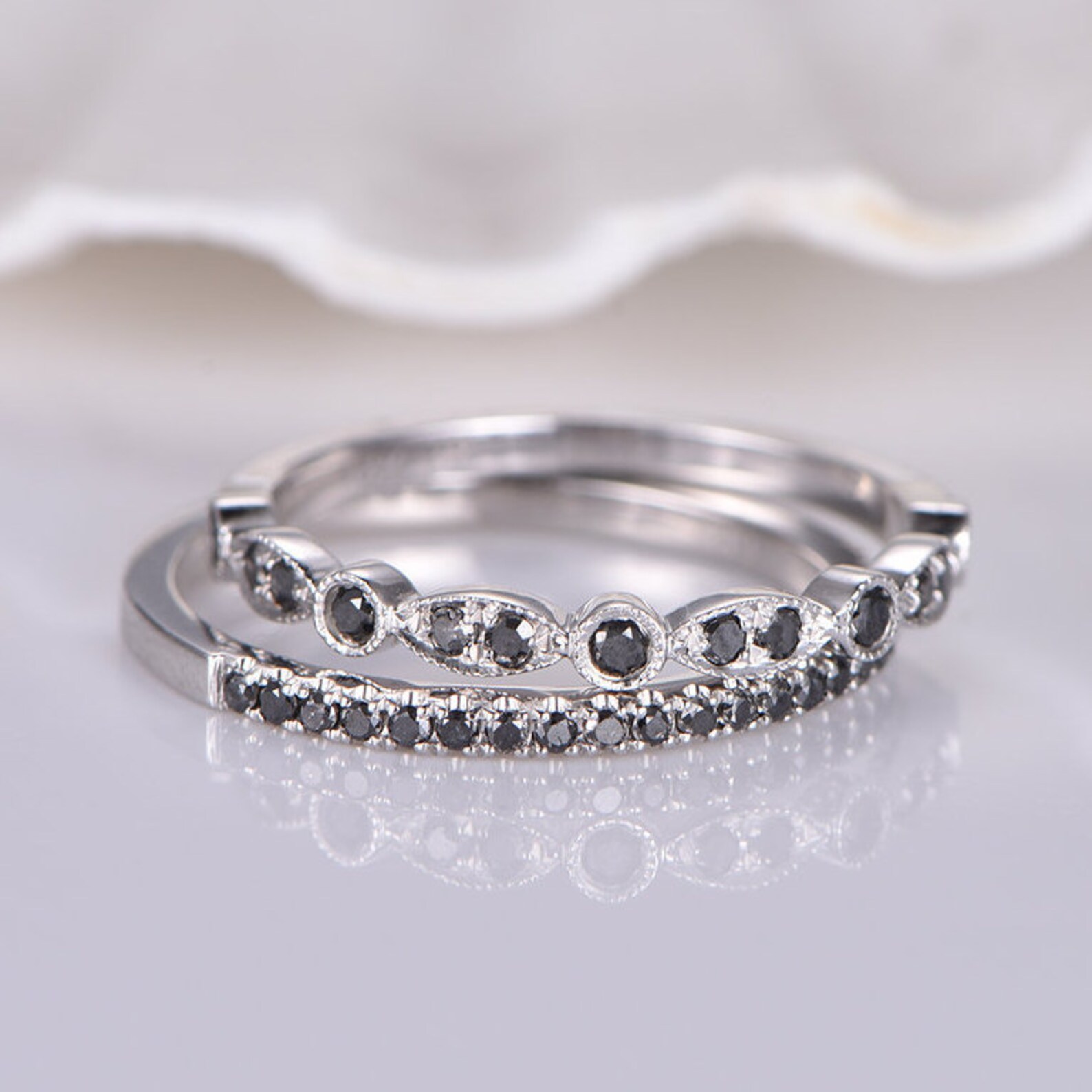 Black Diamond Wedding Band 14k White Gold Half Eternity Ring Natural ...
